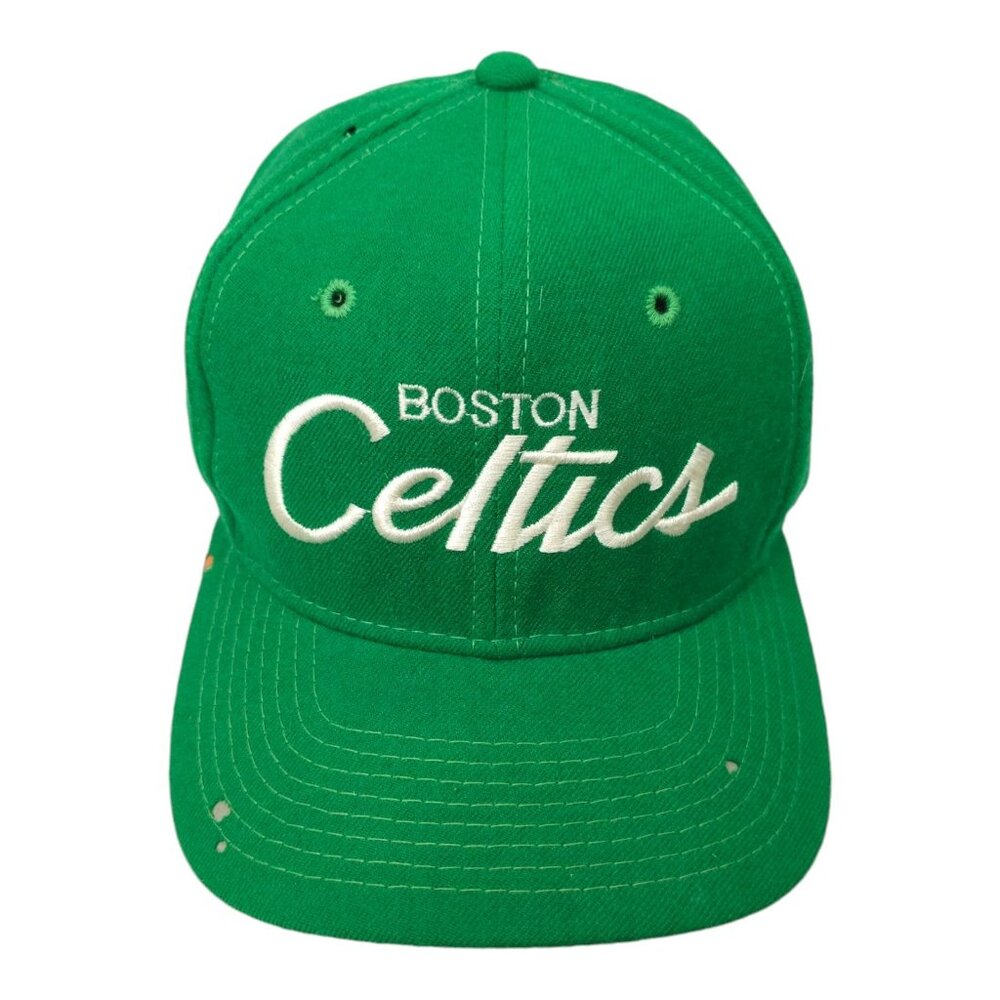 Boston Celtics Script Cap Vtg 90s READ Moth Holes Snapback Sports Specialties